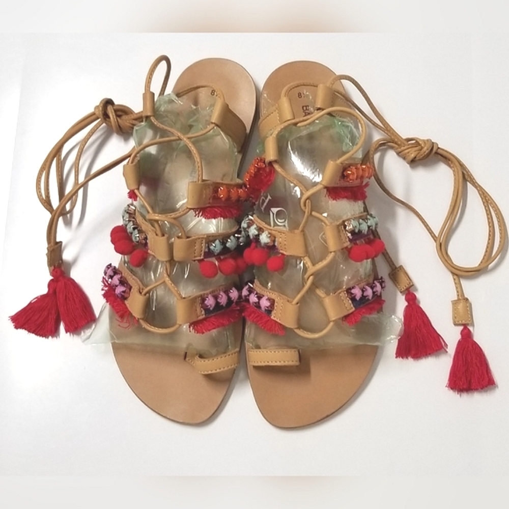 Barbara Barbieri Red Multi Tassel & Pom Pom Leather Gladiator Sandal Sz 8.5 - Picture 5 of 15